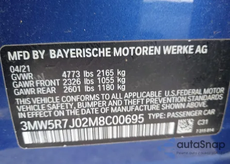 2021 BMW 330Xi из США, поврежденный, VIN 3MW5R7J02M8C00695